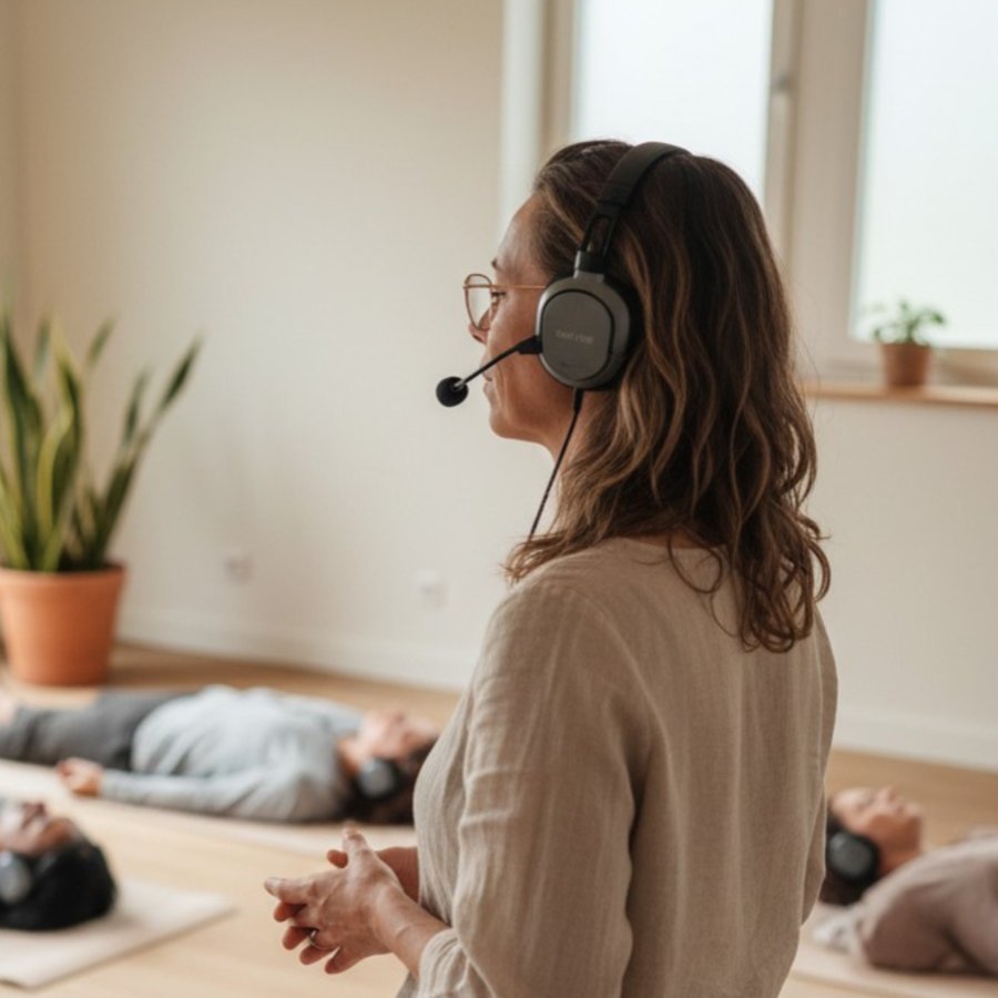 Erica Meulenbroek tijdens een ademsessie met headset